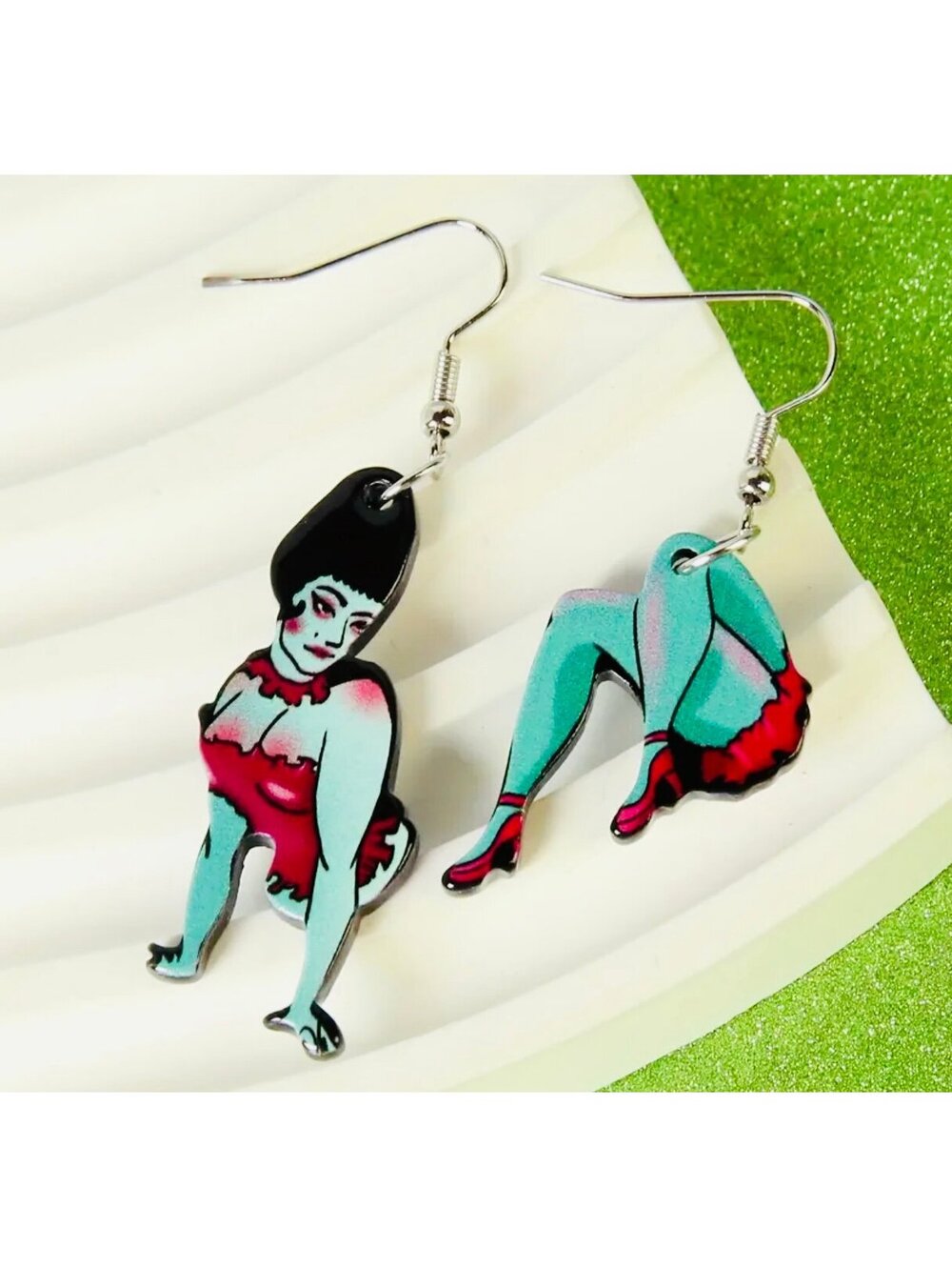 New - Green Monster Stump Dangle Earrings